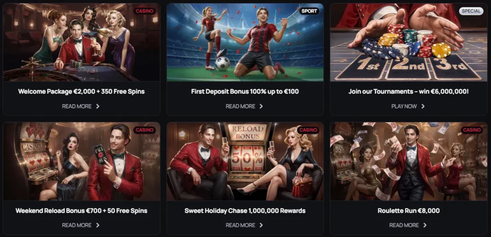 Casinova-mainoskoontinäyttö, joka näyttää erilaisia tervetulobonuksia ja tapahtumia.